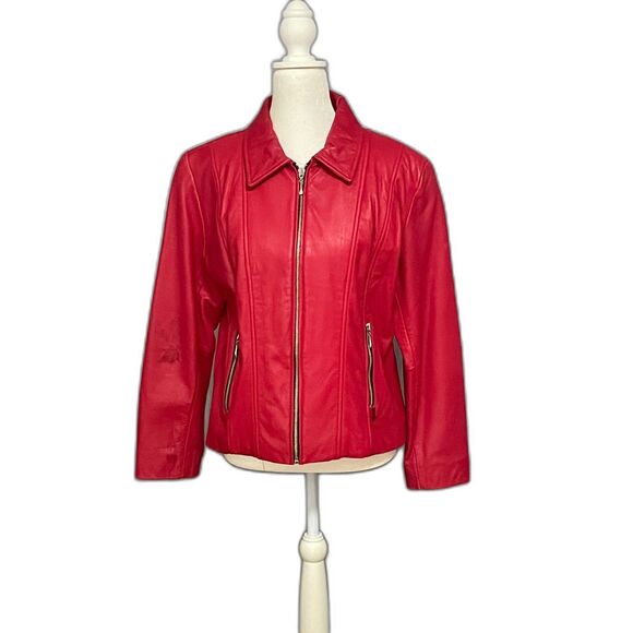 Guess Red Genuine Leather Zip Jacket Size L - Picture 1 of 13